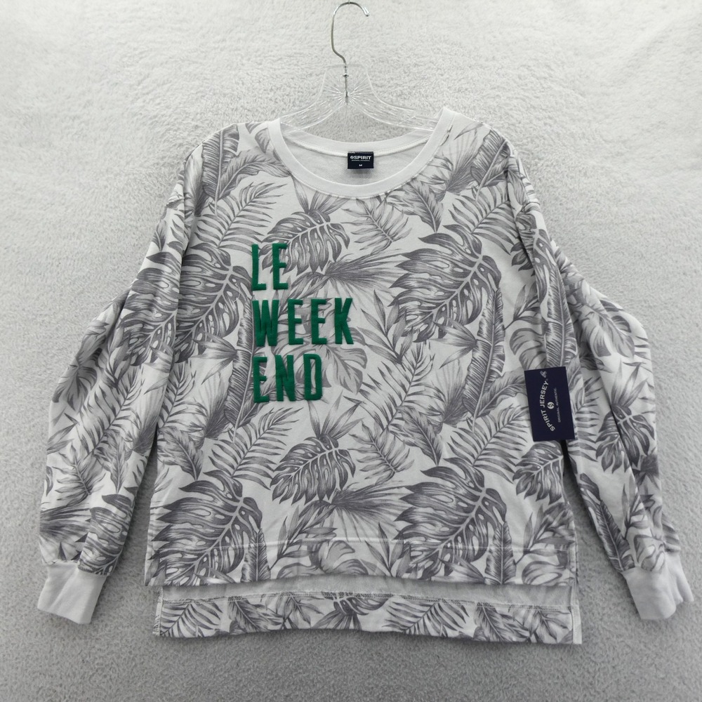 Spirit Jersey Shirt‎ Womens Medium Le Week End Tropical Palm Leaf Grey Pullover